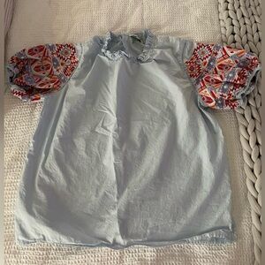 Rockin’ C Blue Puff Top with Patterned Puff Sleeves